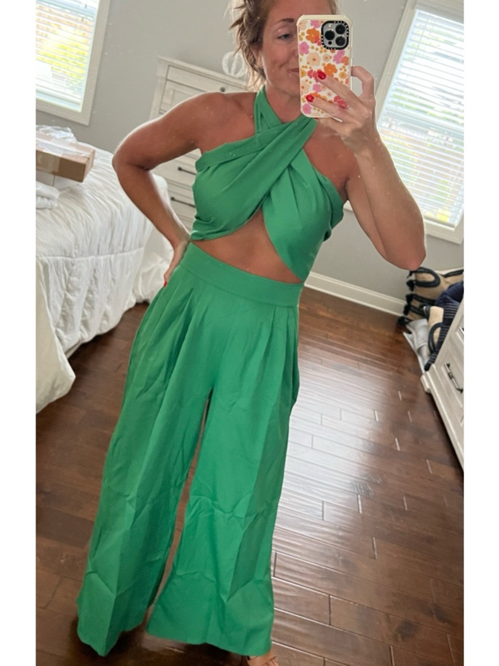 Green Wide-Leg High-Waist Pants & Halter Crop Top Set from Shop Impressions